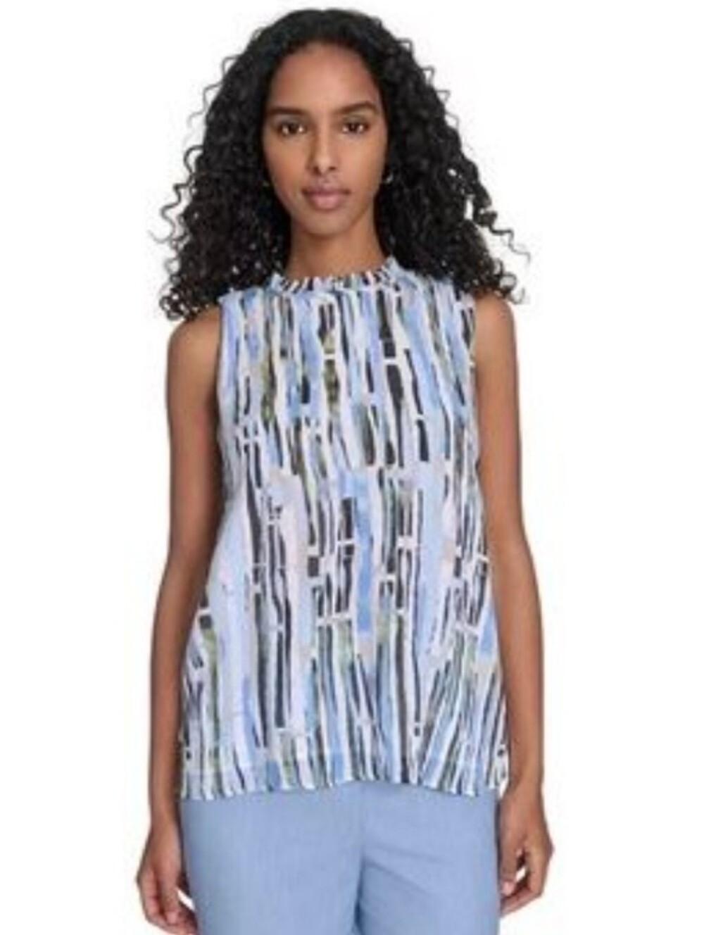 NWT $69 Calvin Klein Womens Sleeveless Printed Crinkle Top Blue Light Sky Sz M